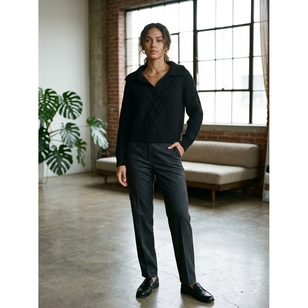 DISSH Black Cable Knit Spread Collar V-Neck Sweater WES04328BK.600 Small